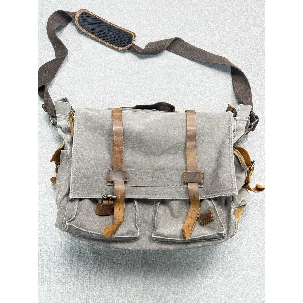 Lifewit Canvas Messenger Bag Gray Brown Leather Trim Shoulder Laptop Travel Bag